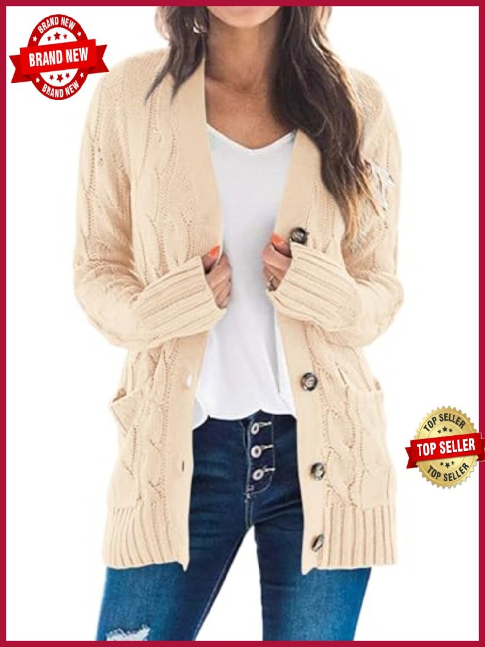 Chunky Cable Knit Button Down Cardigan Sweater Long Sleeve V-Neck